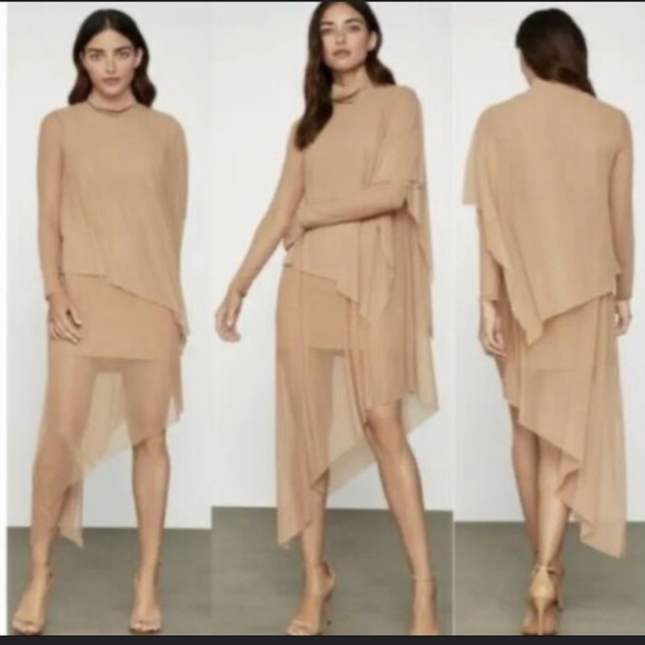 NWT BCBG MAXAZRIA Boho Flowy ASYMMETRICAL TURTLENECK MIDI DRESS NUBUCK XS - Picture 2 of 7